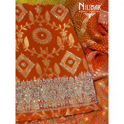 Orange Georgette Unstitched Suit Paired With Bandhani Dupatta