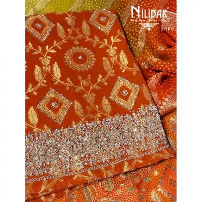 Orange Georgette Unstitched Suit Paired With Bandhani Dupatta