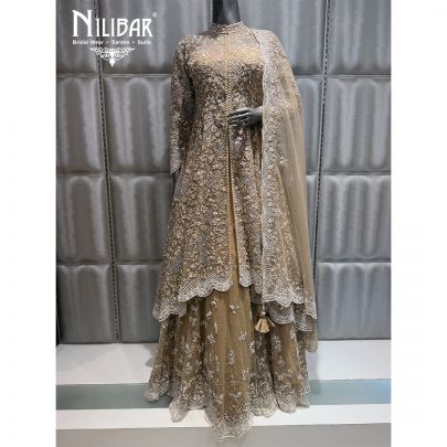 Beige Net Embroidered Jacket Style Lehenga