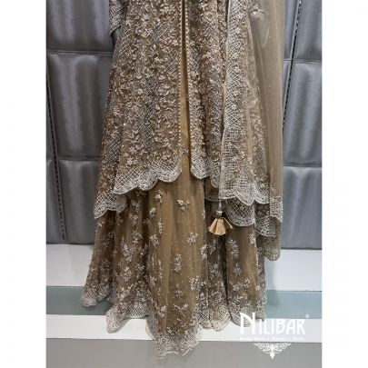 Beige Net Embroidered Jacket Style Lehenga