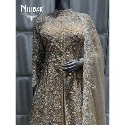 Beige Net Embroidered Jacket Style Lehenga