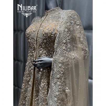 Beige Net Embroidered Jacket Style Lehenga