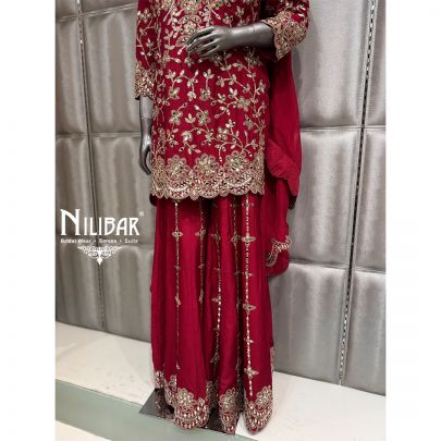 Red Silk Shirt Paired with Loose Jaffa