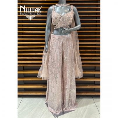 Blush Pink Net Crop Top With Palazzo Indo-Western Set