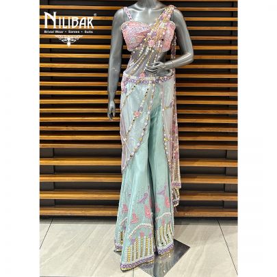 Ice Blue Silk Crop Top With Drape & Bell Bottoms Indo-Western Set