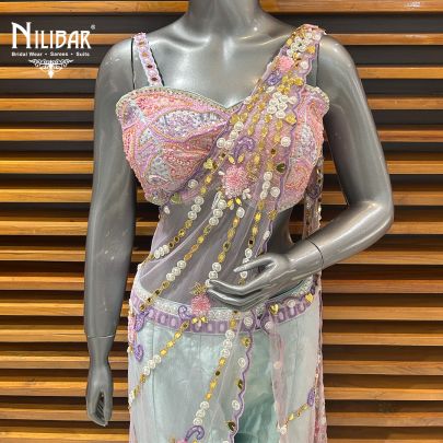 Ice Blue Silk Crop Top With Drape & Bell Bottoms Indo-Western Set