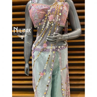 Ice Blue Silk Crop Top With Drape & Bell Bottoms Indo-Western Set