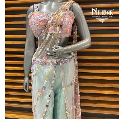 Ice Blue Silk Crop Top With Drape & Bell Bottoms Indo-Western Set