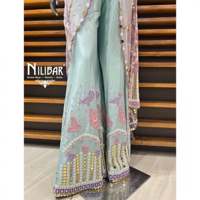 Ice Blue Silk Crop Top With Drape & Bell Bottoms Indo-Western Set