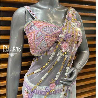 Ice Blue Silk Crop Top With Drape & Bell Bottoms Indo-Western Set
