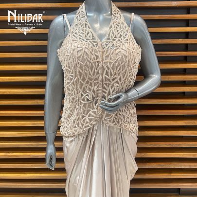 Beige Net Top With Satin Skirt Indo-Western Set