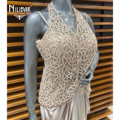Beige Net Top With Satin Skirt Indo-Western Set