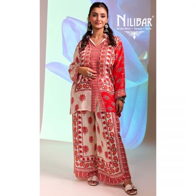 Off White and Orange Crepe Printed Co-ord Set