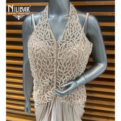 Beige Net Top With Satin Skirt Indo-Western Set