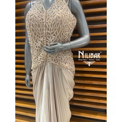 Beige Net Top With Satin Skirt Indo-Western Set