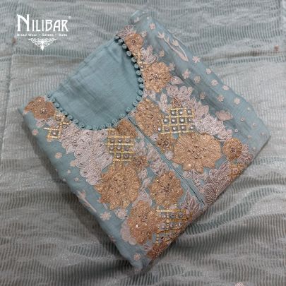 Ice Blue Chanderi Embroidered Suit Paired With Tissue Dupatta & Cotton Bottom