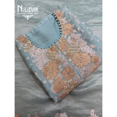 Ice Blue Chanderi Embroidered Suit Paired With Tissue Dupatta & Cotton Bottom