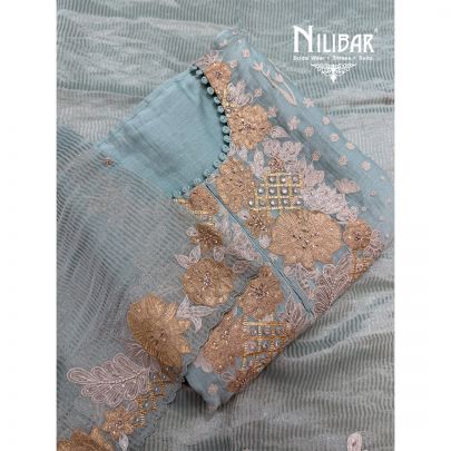 Ice Blue Chanderi Embroidered Suit Paired With Tissue Dupatta & Cotton Bottom