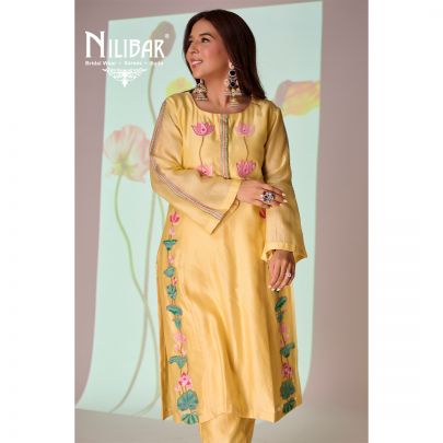 Yellow Cotton Long Kurta Paired With Pants Embellished With Thread Work
