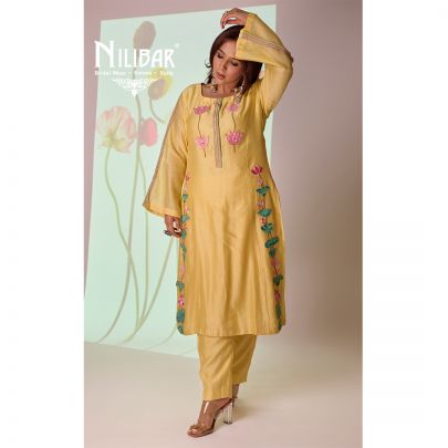 Yellow Cotton Long Kurta Paired With Pants Embellished With Thread Work