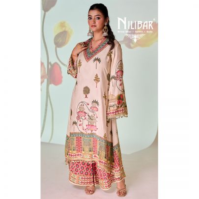 Beige Muslin A-line Kurta Paired With Palazzo Pants