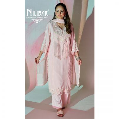 Baby Pink Georgette Long Shirt Paired With Pants and Dupatta