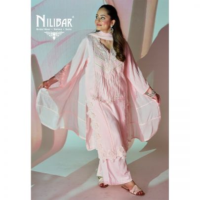 Baby Pink Georgette Long Shirt Paired With Pants and Dupatta