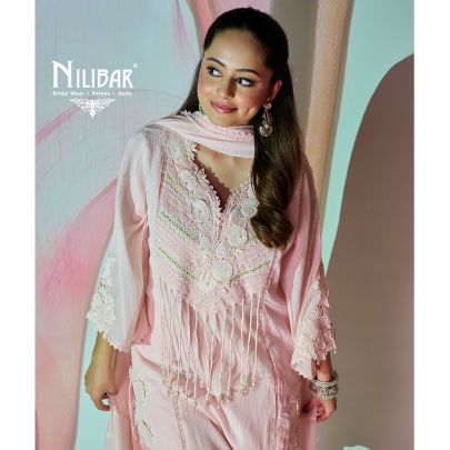 Baby Pink Georgette Long Shirt Paired With Pants and Dupatta