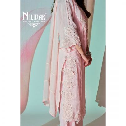 Baby Pink Georgette Long Shirt Paired With Pants and Dupatta