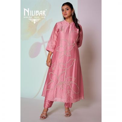 Pink Cotton Silk Long Shirt Paired With Pants and Dupatta