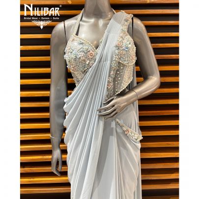 Ice Blue Lycra Drape Saree