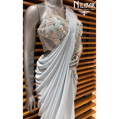 Ice Blue Lycra Drape Saree