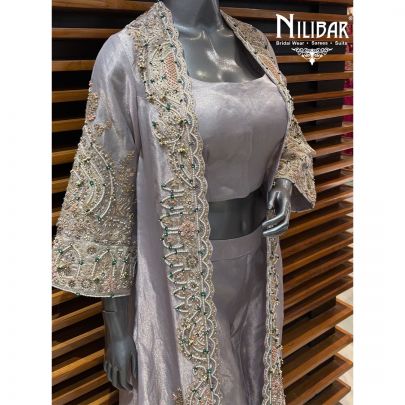 Gray Lamé Silk Long Cape Indo-Western Set