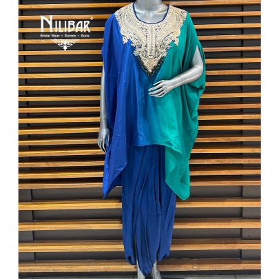 Blue Satin Dhoti With Kaftan Style Indo-Western Set