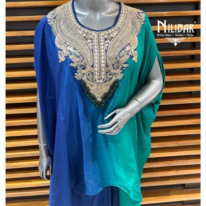 Blue Satin Dhoti With Kaftan Style Indo-Western Set