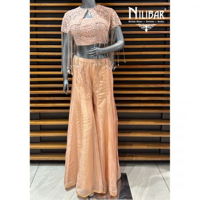 Peach Net Crop Top Paired With Organza Palazzo