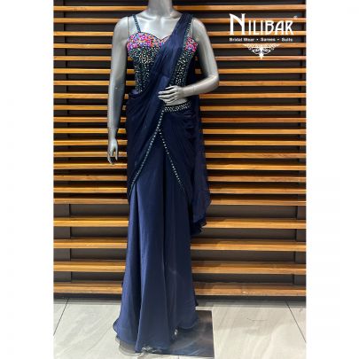 Blue Chinon Drape Saree