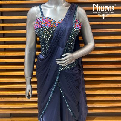 Blue Chinon Drape Saree