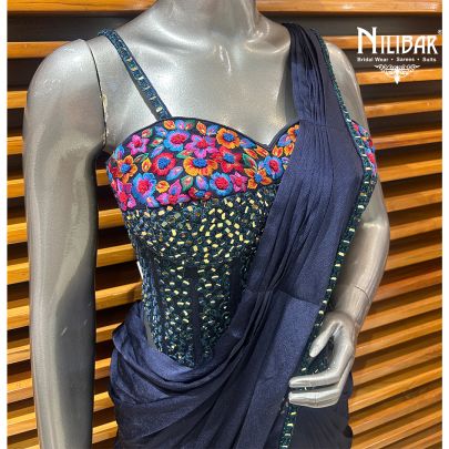 Blue Chinon Drape Saree