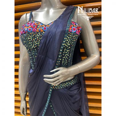 Blue Chinon Drape Saree