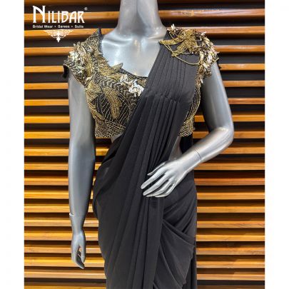 Black & Gold Georgette Drape Pleated Saree