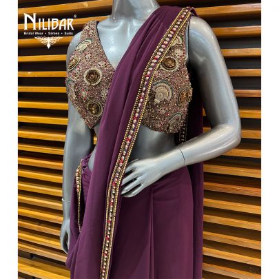 Wine Lycra Drape Pleated Saree