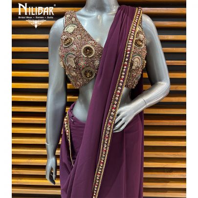 Wine Lycra Drape Pleated Saree