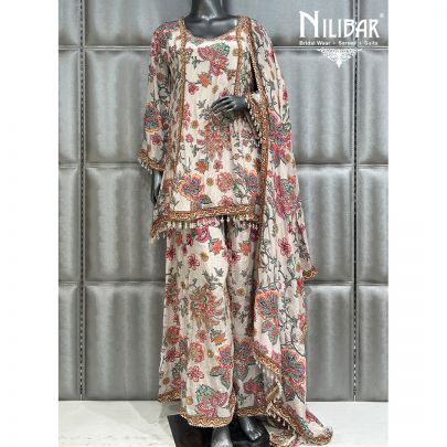 Cream Crepe Printed Palazzo Suit