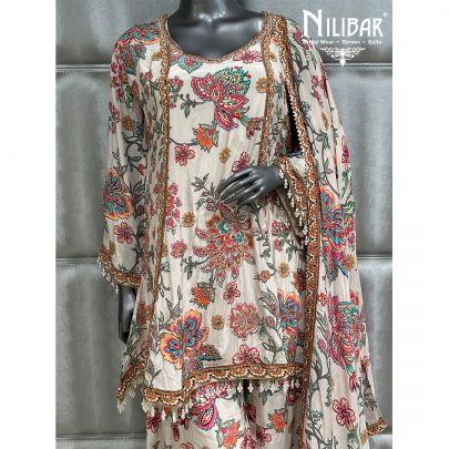 Cream Crepe Printed Palazzo Suit