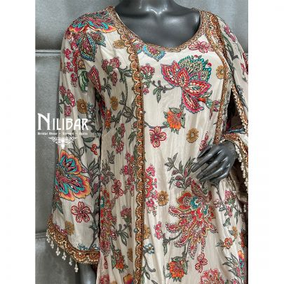 Cream Crepe Printed Palazzo Suit