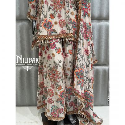Cream Crepe Printed Palazzo Suit