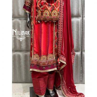 Red Crepe Printed Salwar Suit