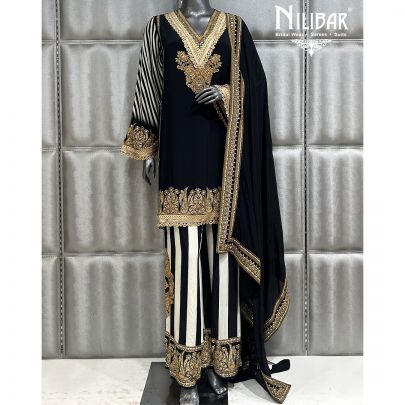 Black Crepe Printed Straight Palazzo Suit