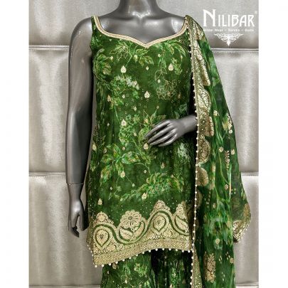 Forest Green Organza Printed Garara Suit